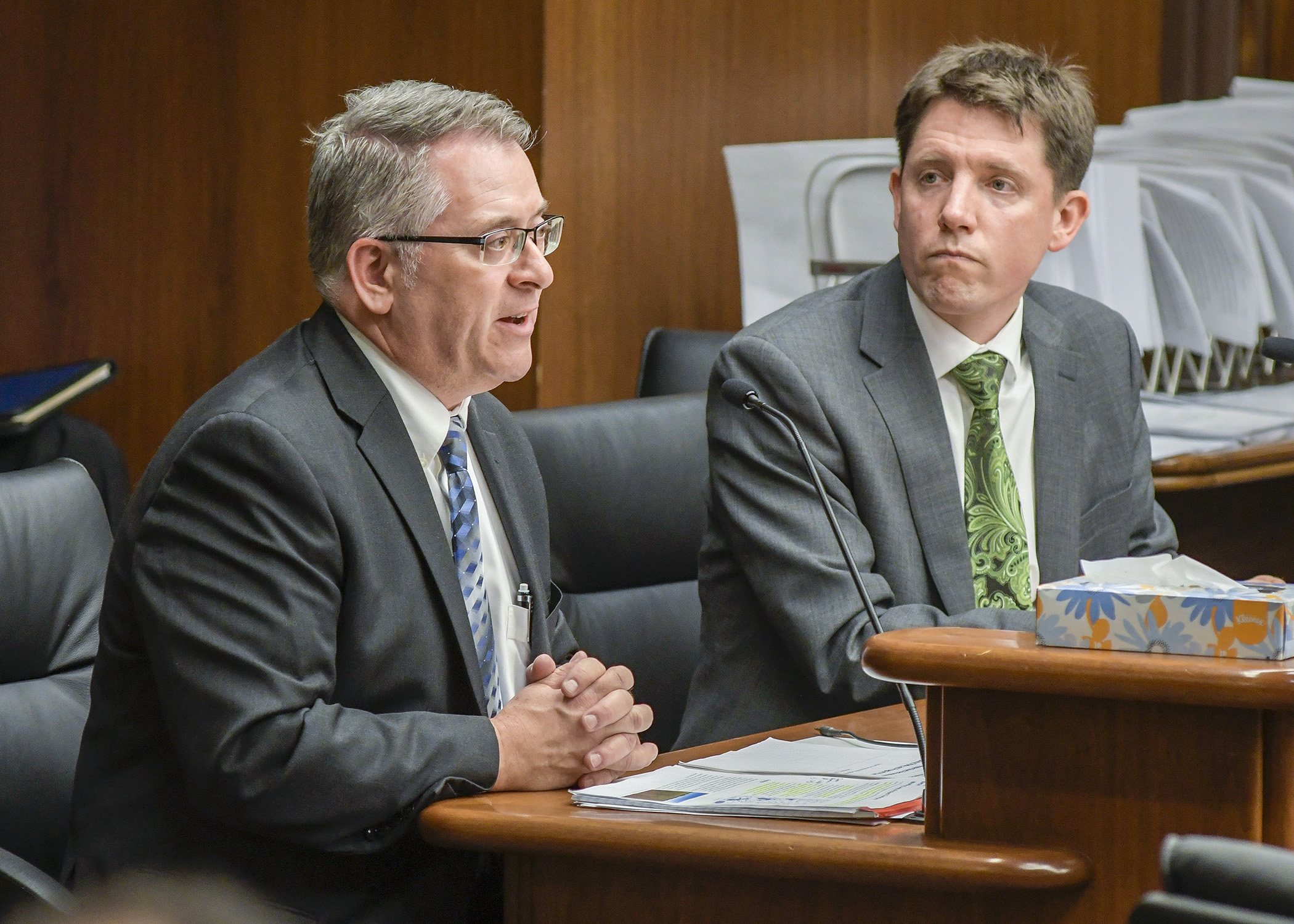 David Weirens, assistant director for the Board of Water and Soil Resources, testifies Feb. 27 during discussion on a bill sponsored by Rep. Todd Lippert, right, that would establish a drinking water protection pilot program. Photo by Andrew VonBank